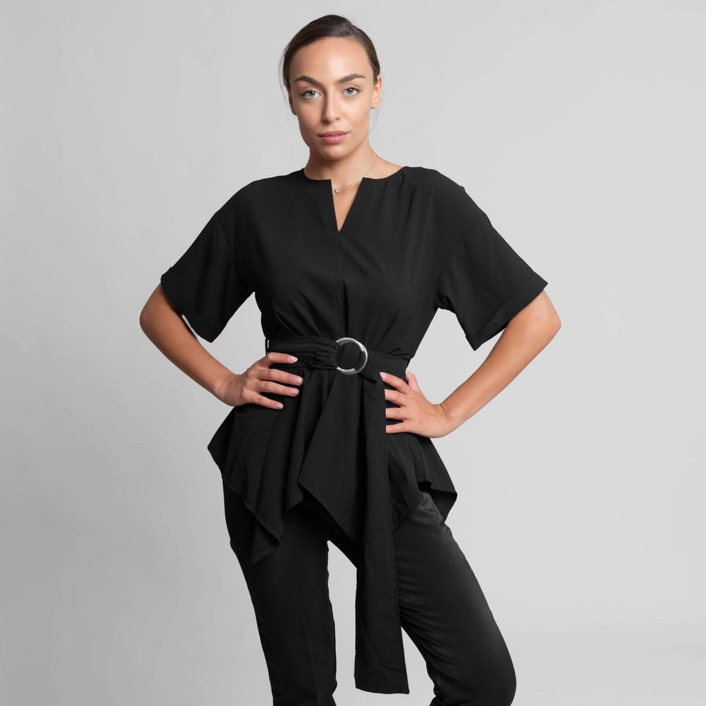 Wide half sleeve v-neck top and belt with buckle - LEIVIPMARKETPLACE