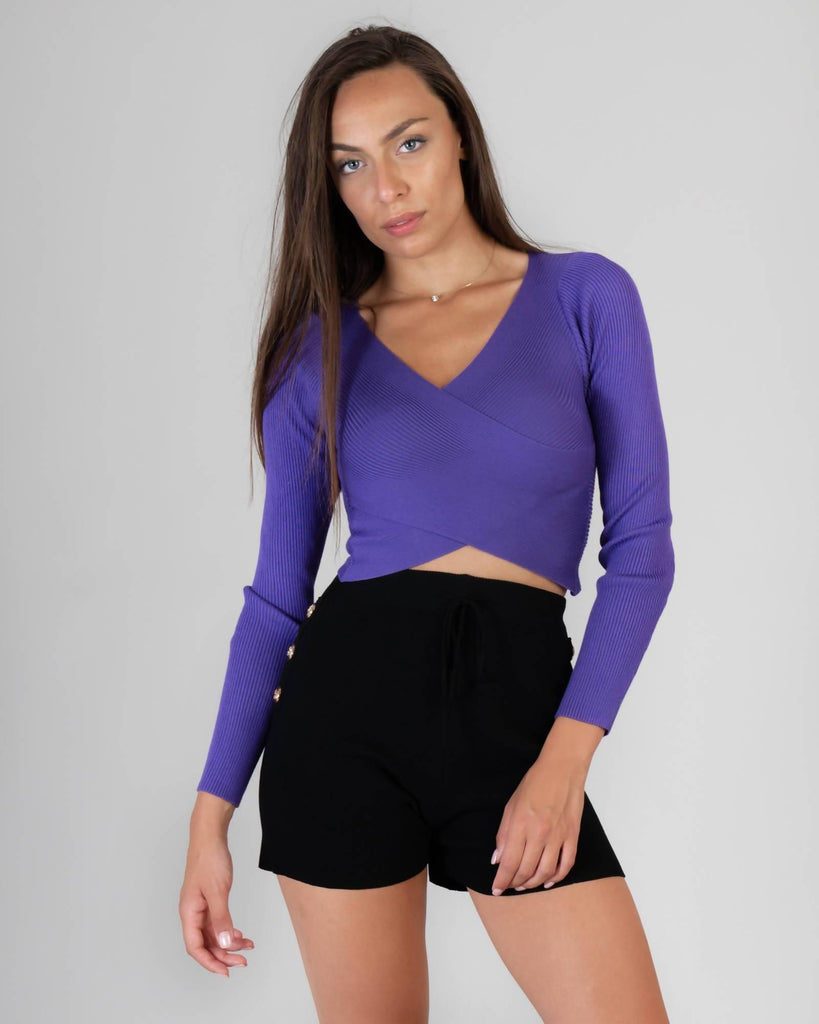 Croptop ribbed sweater with front crossover - LEIVIPMARKETPLACE