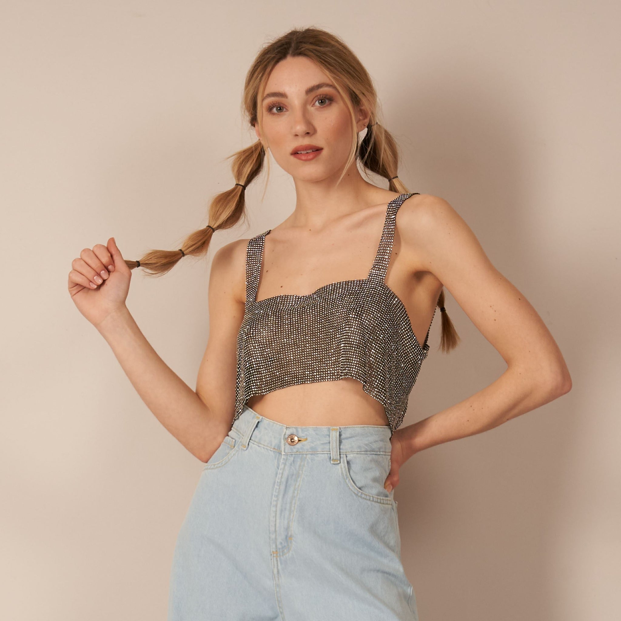 Wholesale metallic effect cut back top with glam straps – LEIVIP