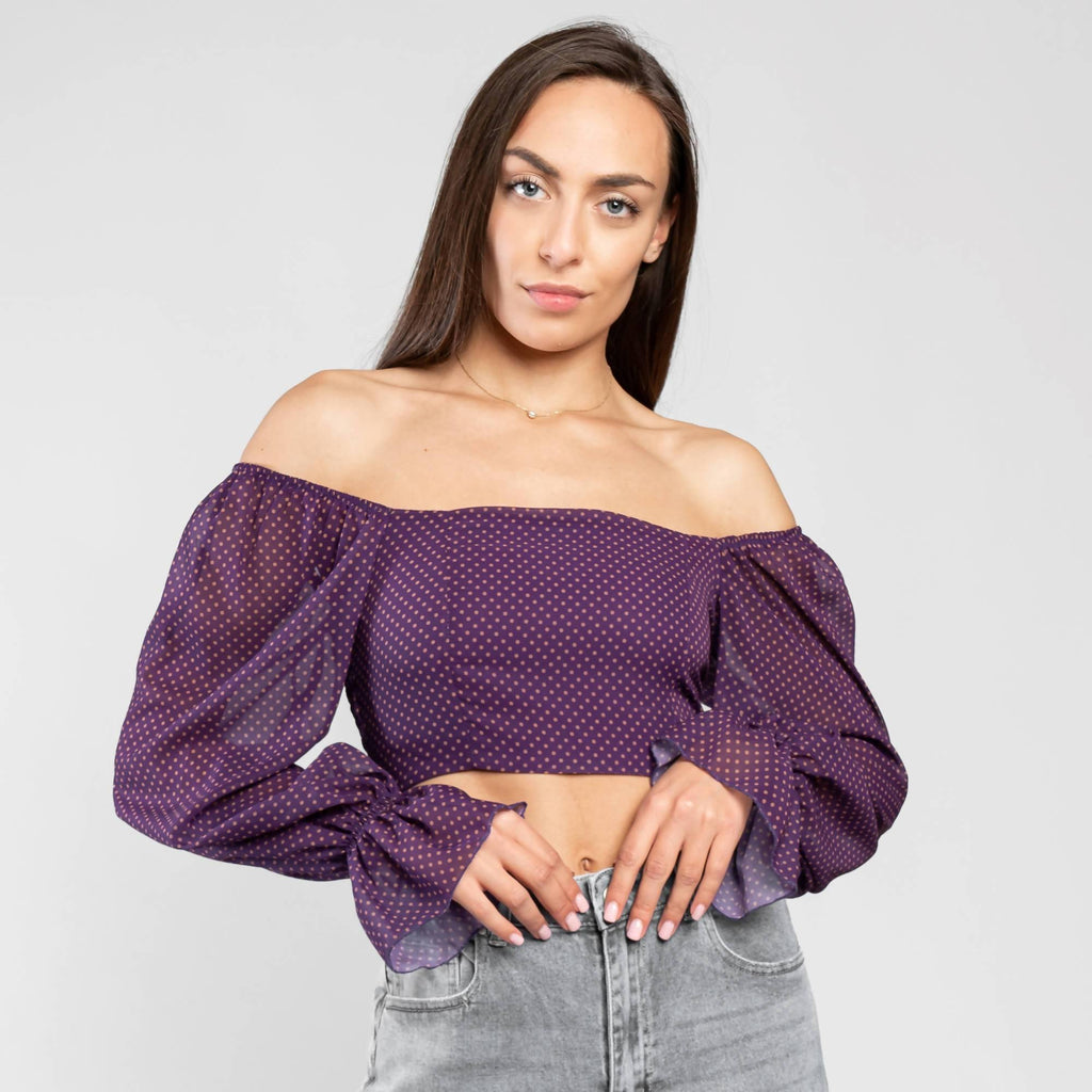 Crop top in georgette stampa micro pois - LEIVIPMARKETPLACE