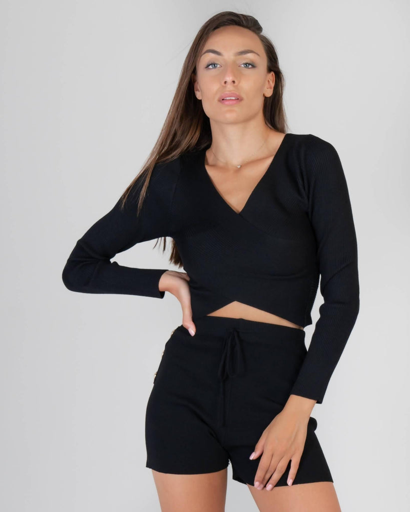 Croptop ribbed sweater with front crossover - LEIVIPMARKETPLACE
