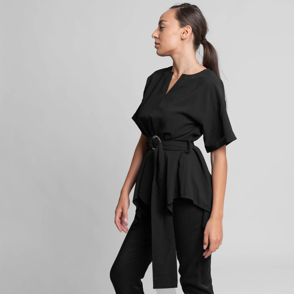 Wide half sleeve v-neck top and belt with buckle - LEIVIPMARKETPLACE